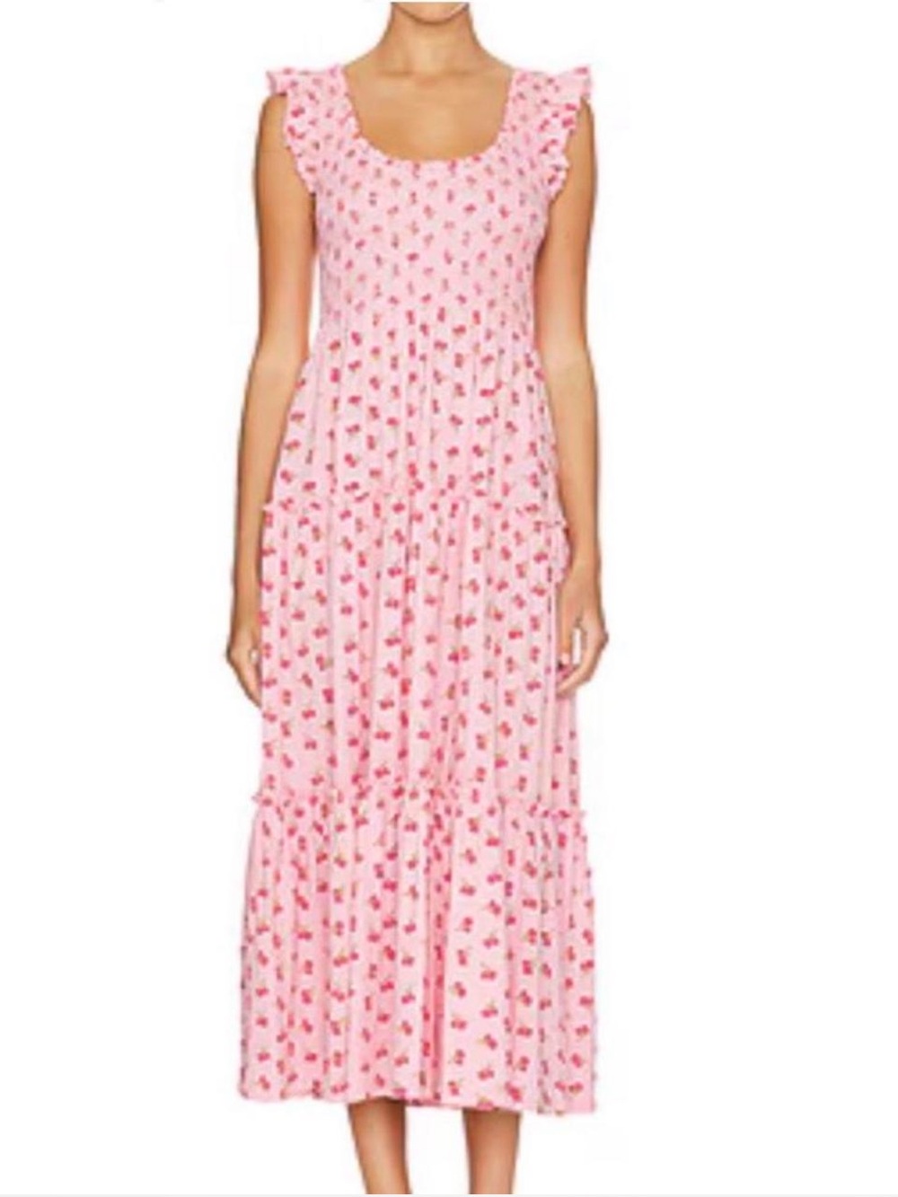 LoveShackFancy Pink Floral Ruffle-Shoulder Maxi Dress